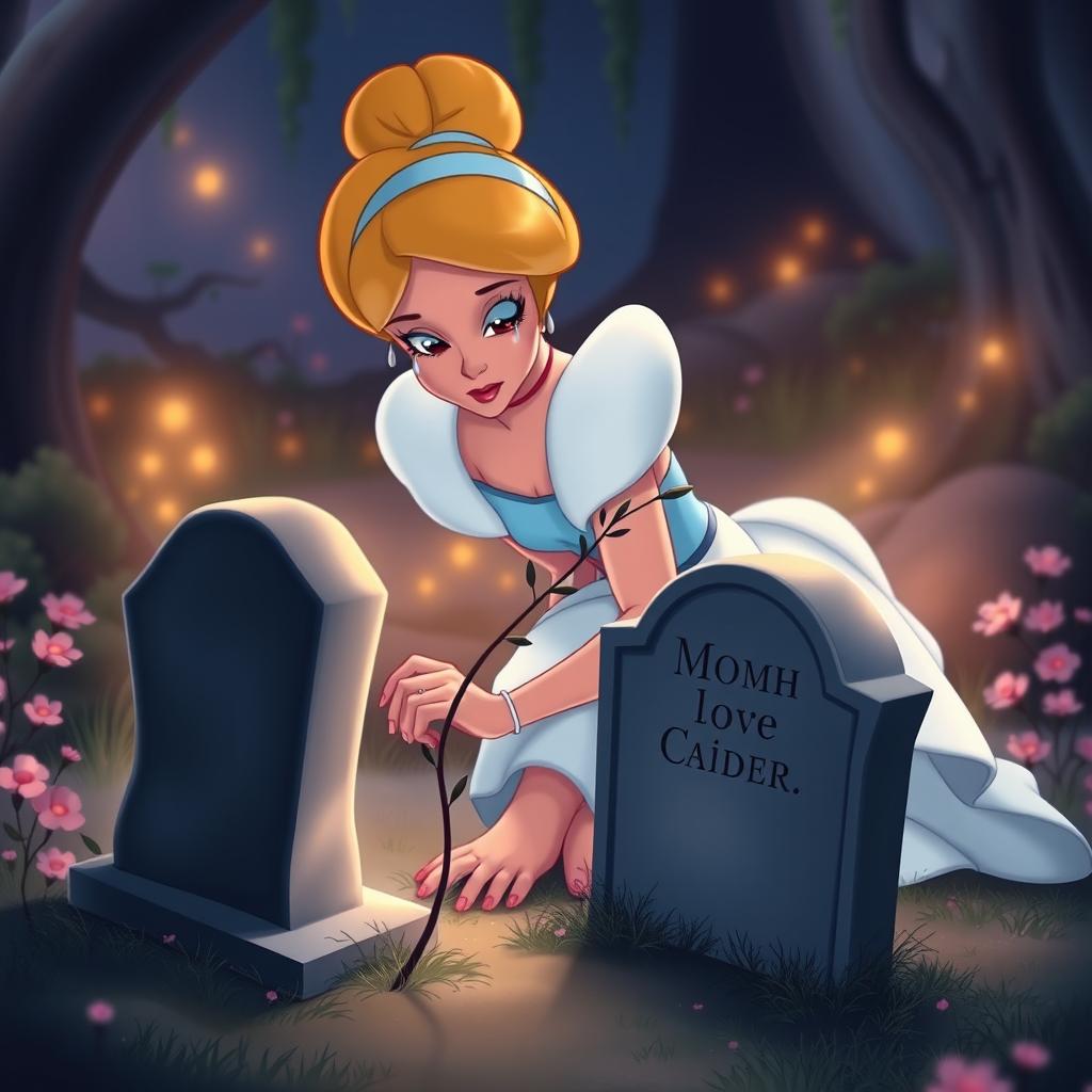 In a touching scene, Cinderella, tears flowing down her cheeks, kneels by her mother's gravestone, gently placing a slender branch at its base as a symbol of love and remembrance
