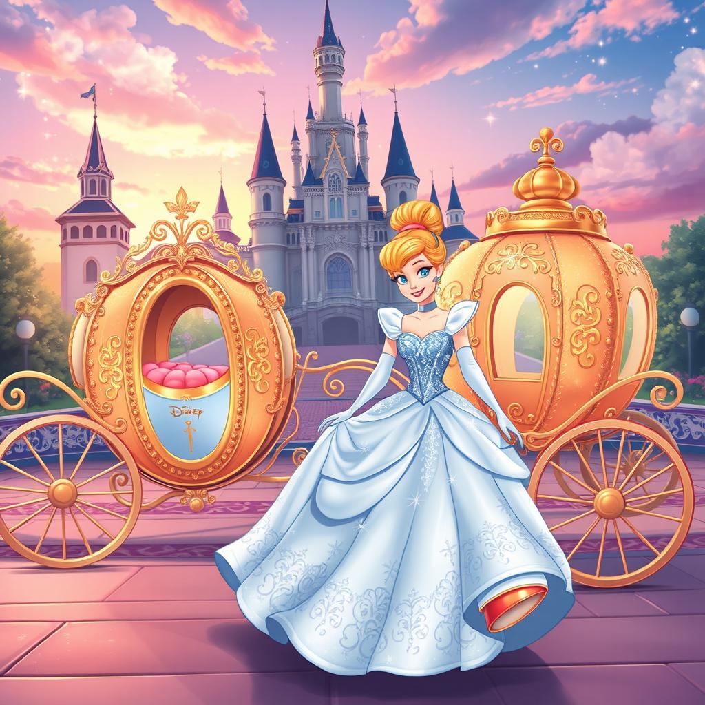 In a magical scene set in front of a grand palace, Cinderella stands gracefully by a beautifully adorned carriage, exuding elegance and charm