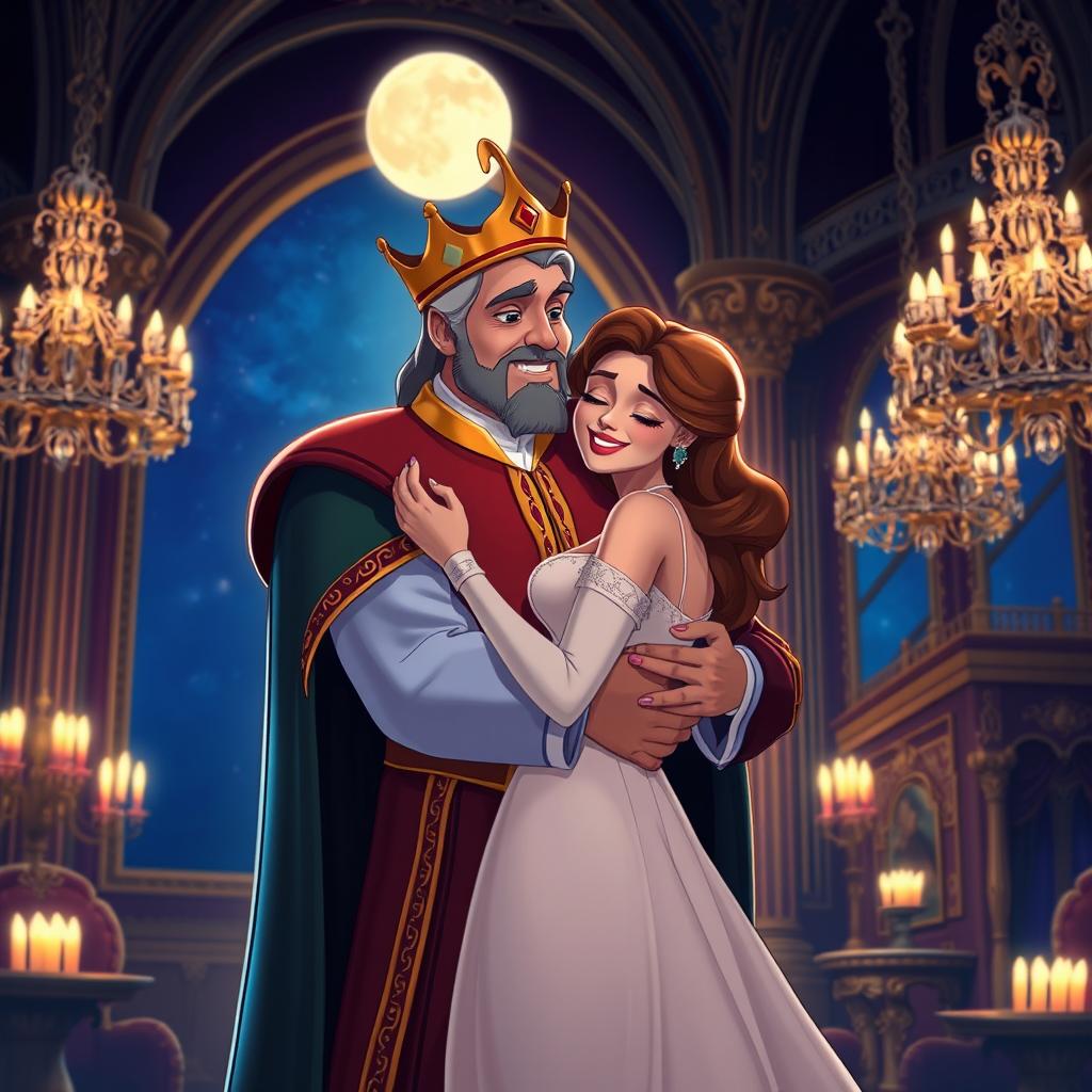In a beautiful nighttime scene inside a grand palace, illuminated by the soft glow of the moonlight, a middle-aged king embraces a woman lovingly