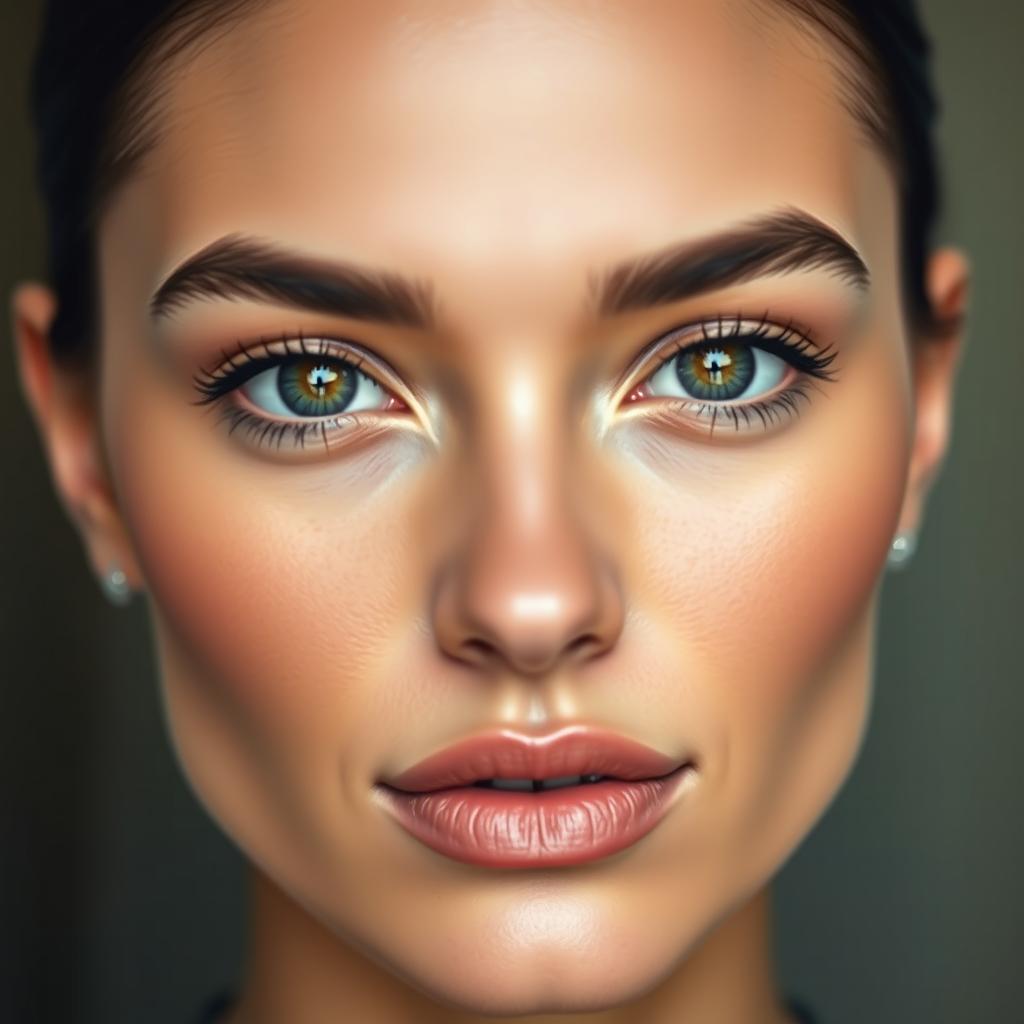 A portrait of a person, featuring sleek and sharp jawline, with eyes enhanced to appear more defined and piercing