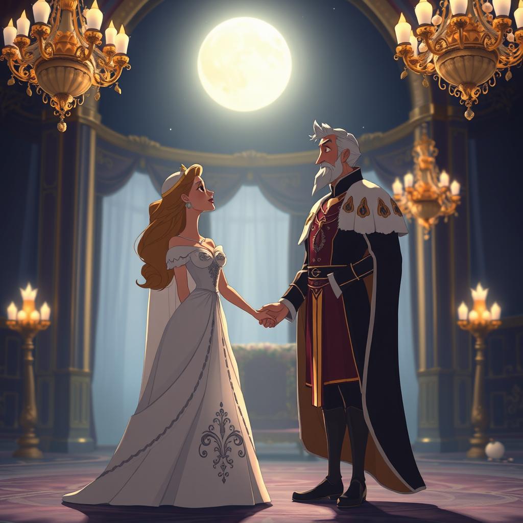 In a romantic nighttime setting within a majestic palace, illuminated by the soft light of the moon, a middle-aged king and queen stand hand in hand, exuding love and unity