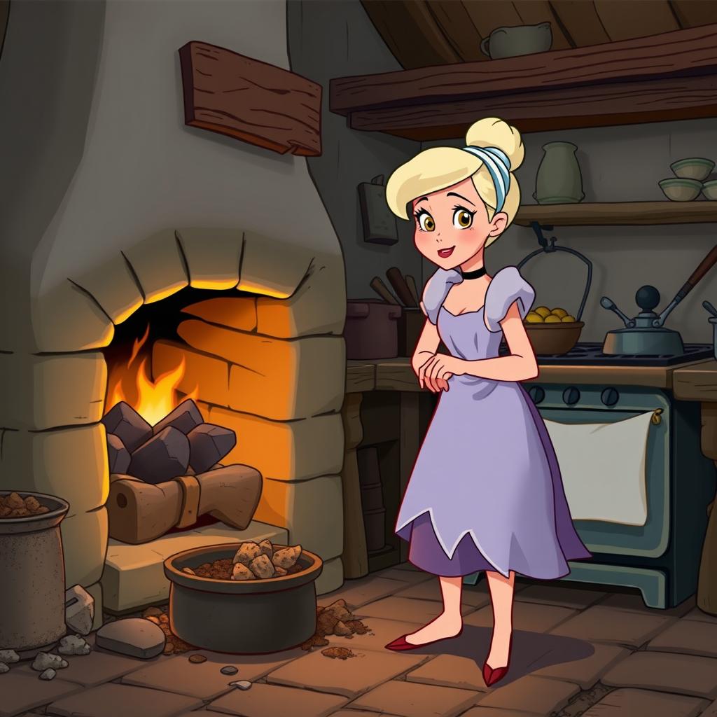 In a whimsical Disney animation style, Cinderella is depicted wearing her tattered clothes as she works hard in a charming kitchen