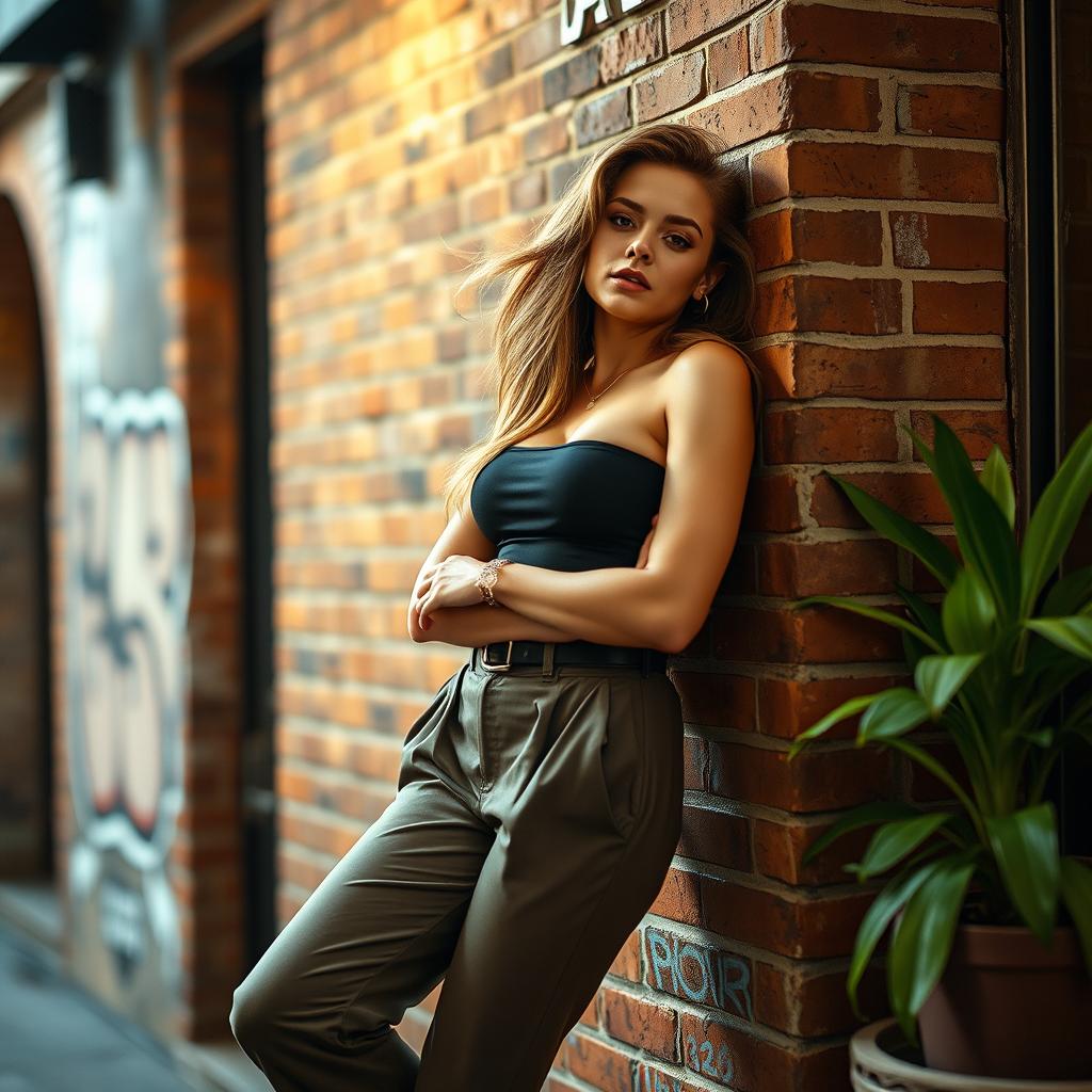 A stylish woman leaning confidently against a textured brick wall, wearing a chic outfit that reflects modern fashion trends