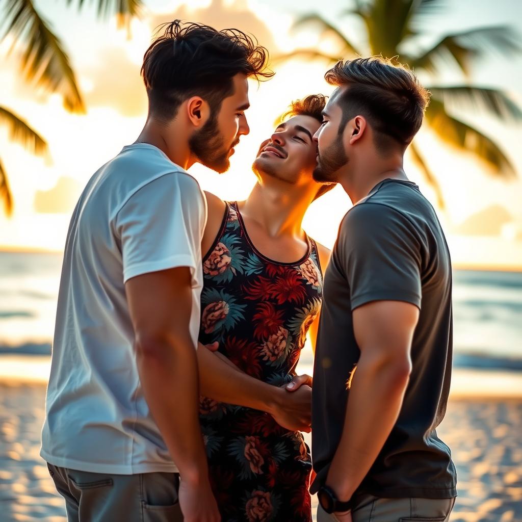 Three attractive gay men sharing an intimate moment as they kiss deeply, immersed in a romantic holiday backdrop