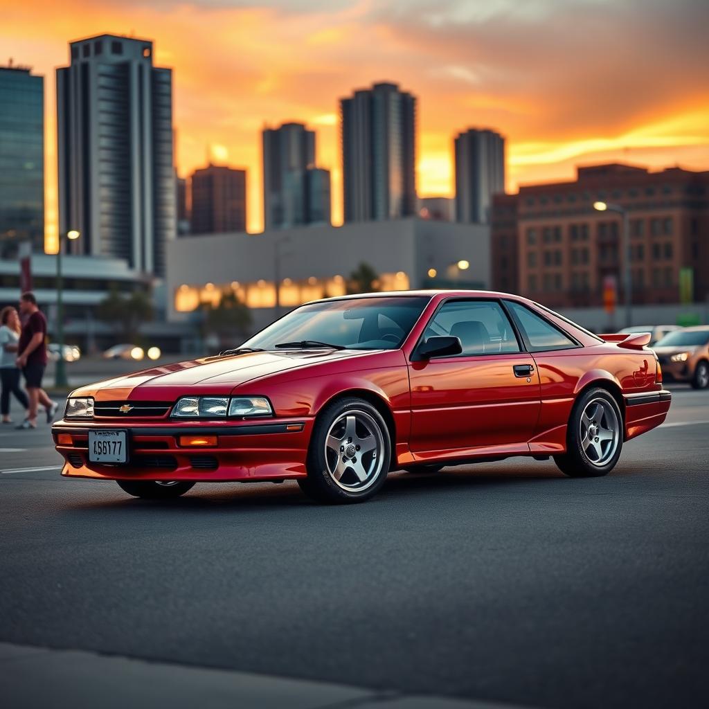 A stunning Chevrolet Cavalier Z24 in a sleek and vibrant red paint job, parked in an urban environment with a beautiful sunset sky