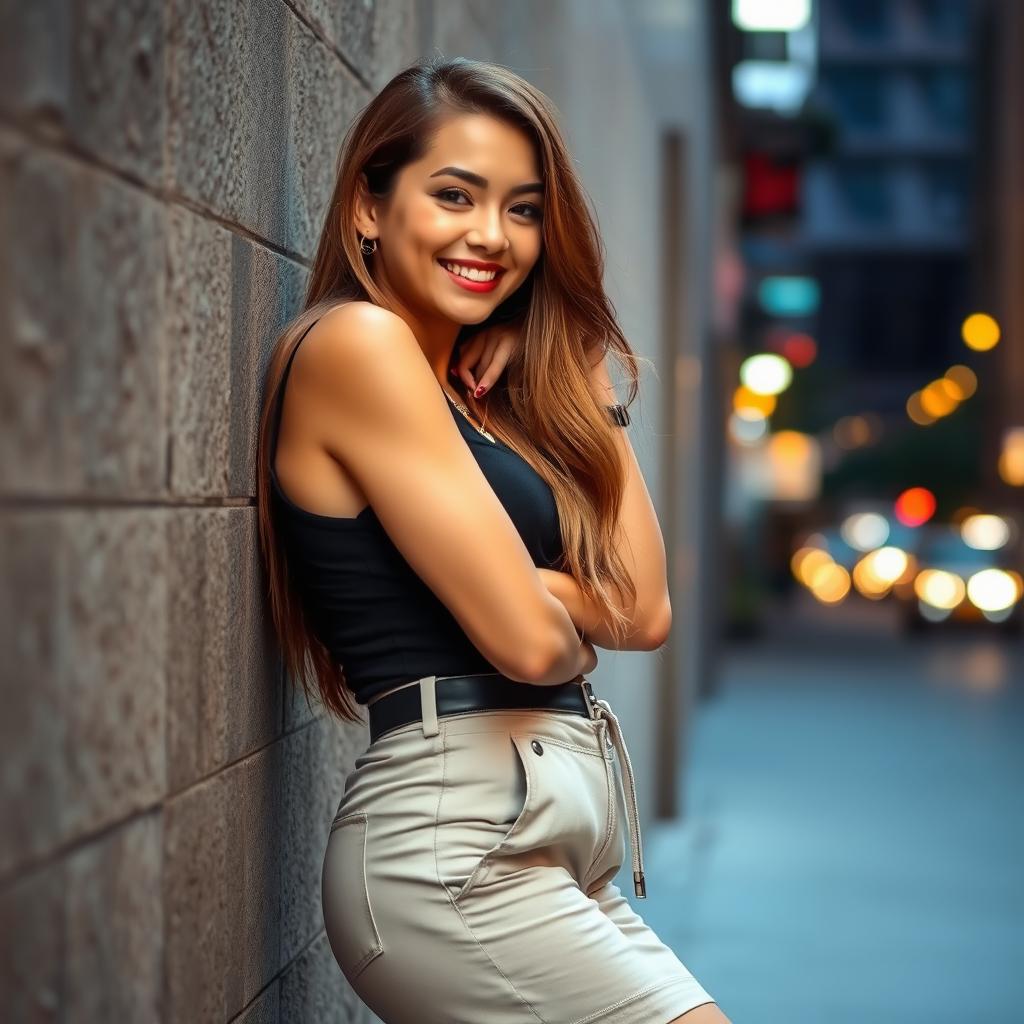 A fashionable woman leaning backwards against a textured wall, exuding confidence and style
