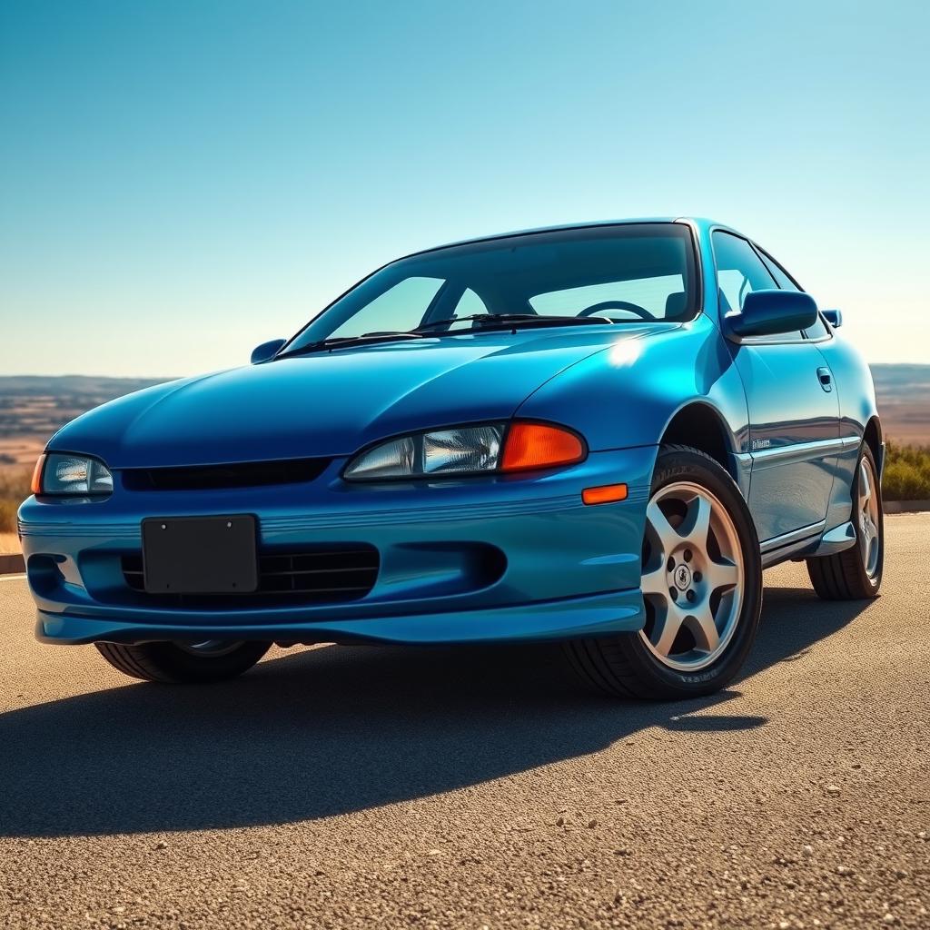 A detailed depiction of a 2000 Chevrolet Cavalier Z24, showcasing its distinct sporty features in a striking electric blue color