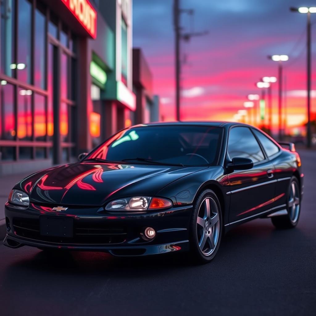 A striking 2000 Chevrolet Cavalier Z24, showcasing a stunning black paint job with red pearl accents that shimmer in the light