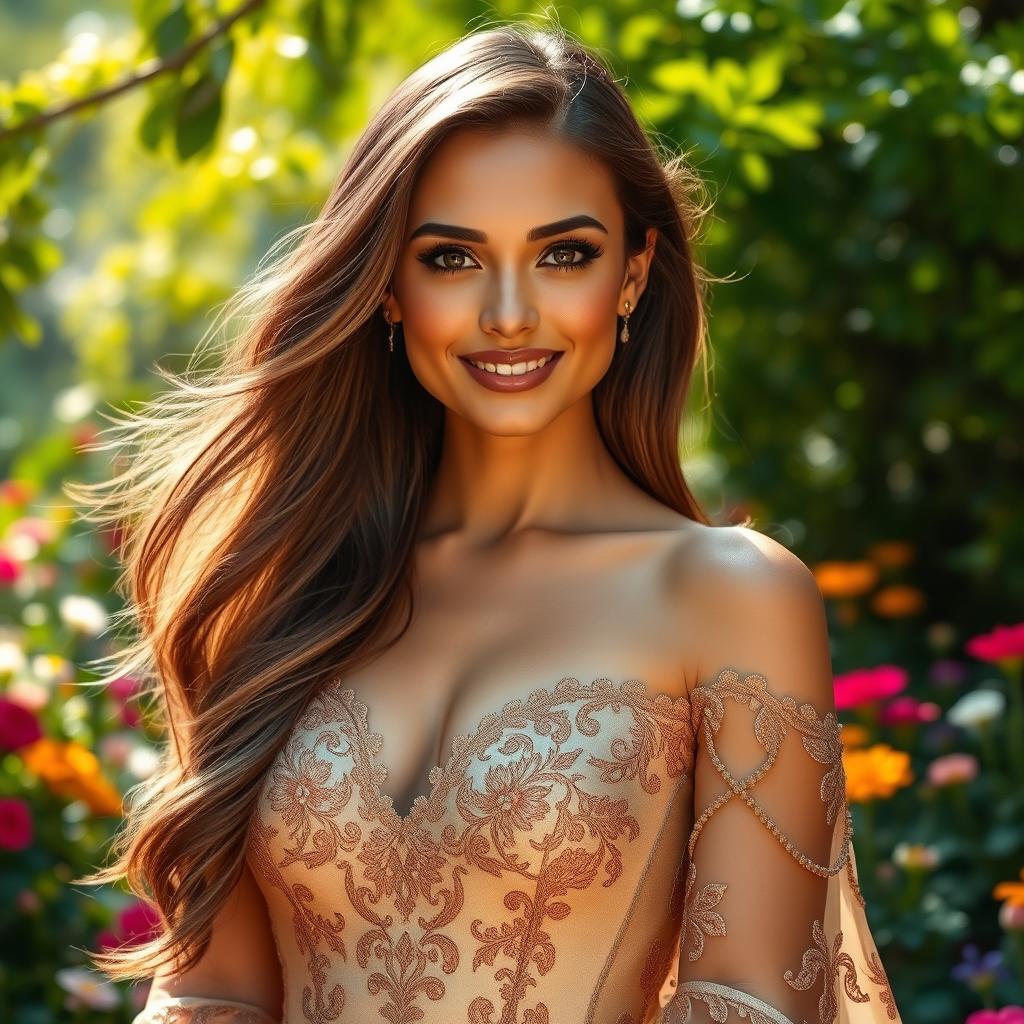 A stunning portrait of a beautiful woman with long flowing hair, radiant skin, and expressive eyes