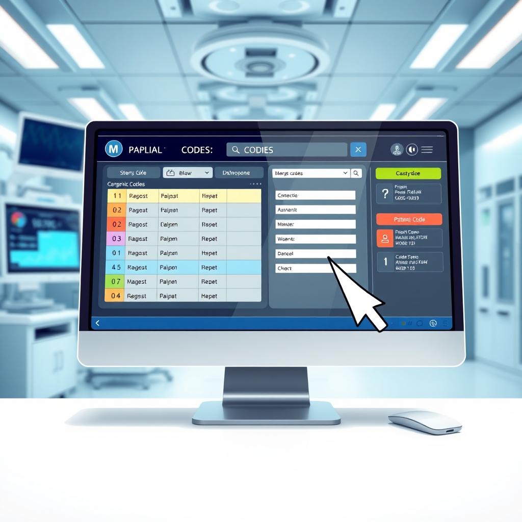 A detailed illustration of a modern medical code system interface, featuring a computer screen displaying a user-friendly coding application