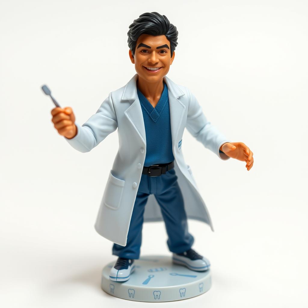 A highly detailed action figure of a male dentist with black hair, wearing a white lab coat, blue scrubs, and holding a dental tool in one hand