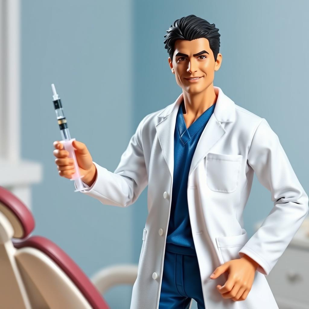 A highly detailed action figure of a male dentist with black hair, standing proudly next to a dental chair