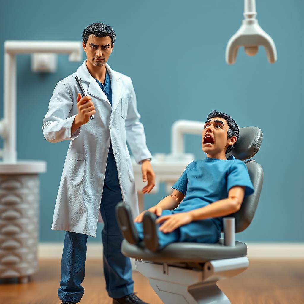 A striking action figure of a male dentist with black hair and a pronounced unibrow, confidently standing beside a dental chair