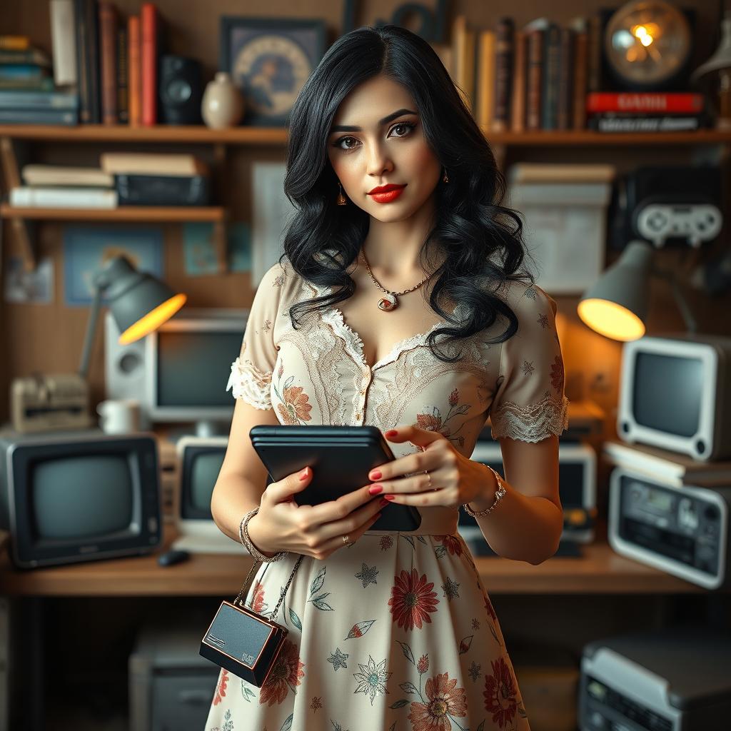 A captivating scene featuring a beautiful female tech nerd with shiny black hair, styled in a classic vintage dress that combines retro fashion with modern tech flair