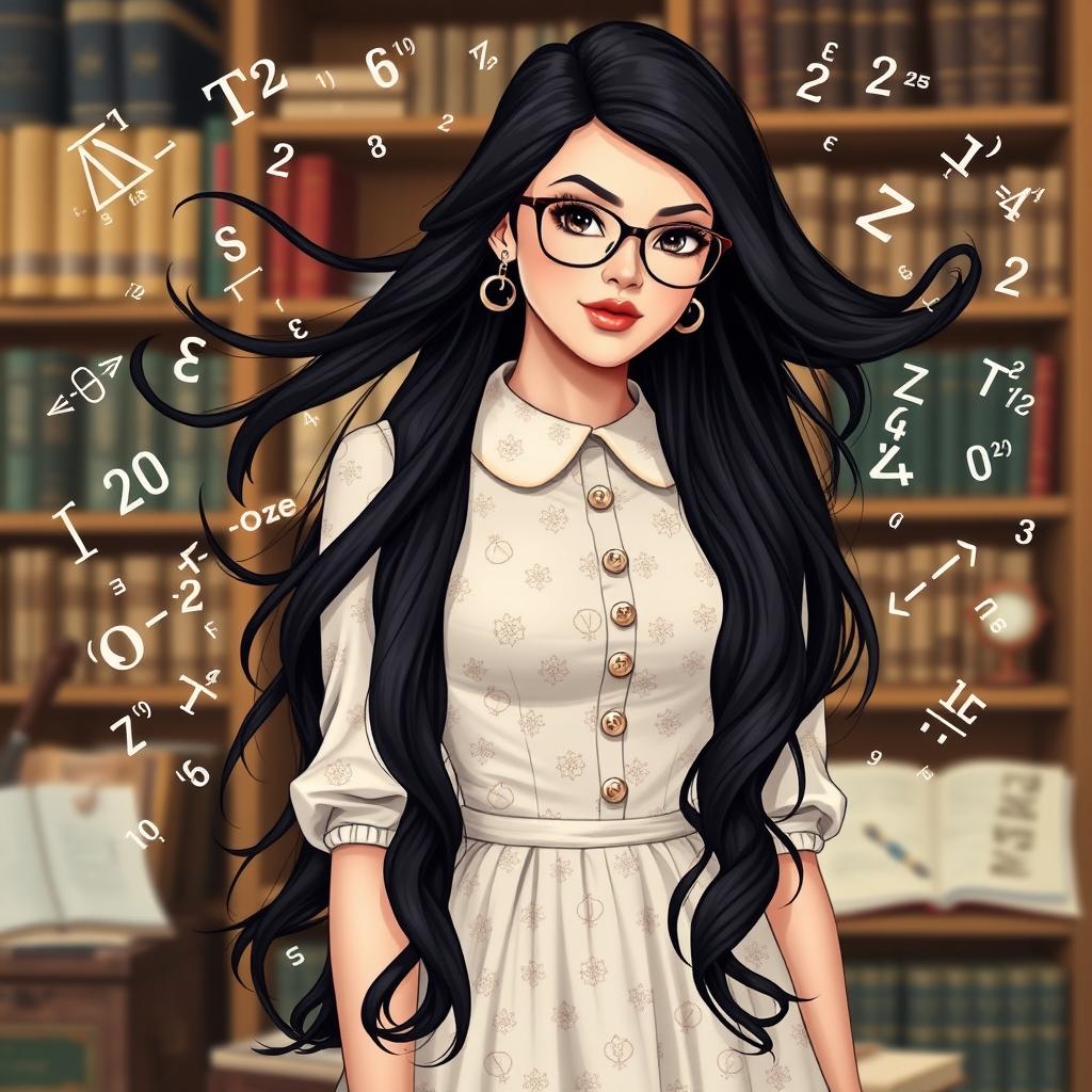 A charming portrayal of a beautiful female math nerd with long, flowing black hair, elegantly styled in a vintage dress