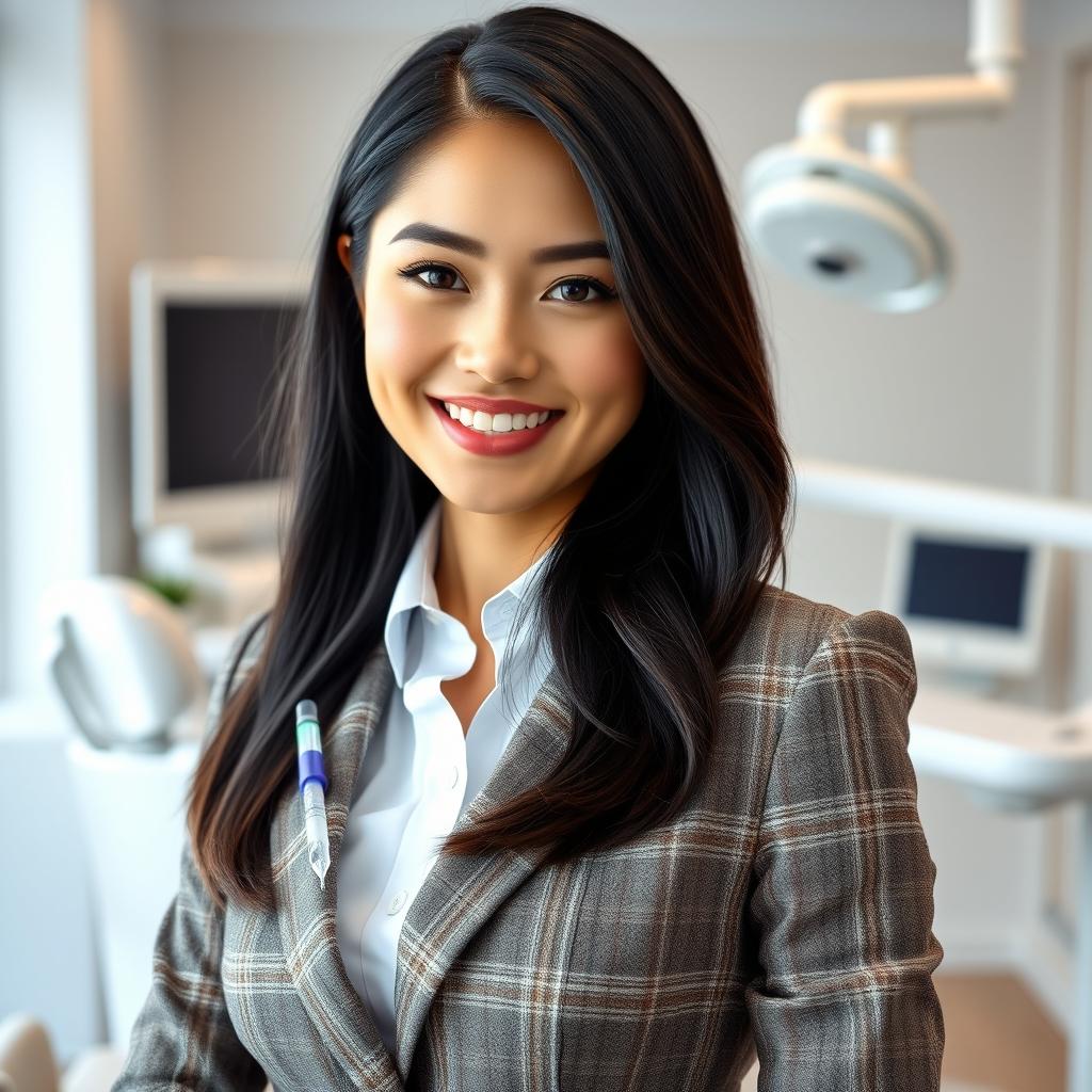 A stunning portrayal of a gorgeous female dentist with silky black hair, elegantly styled and wearing a sophisticated tweed suit that exudes professionalism and style