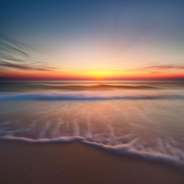 Design a luminous and enhanced realistic image capturing the fleeting beauty of dawn at the seashore, with the sky in hues of sunrise and gentle waves touching the sandy beach.