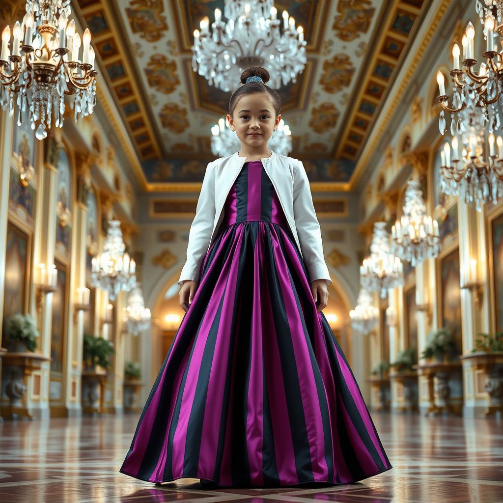 A young girl in a luxurious silk ball gown with purple and black vertical stripes, wearing a pristine white jacket