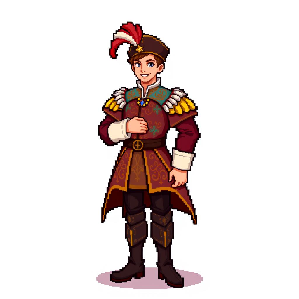 An 8-bit pixel art character of a male medieval courtier, showcasing a rich, colorful tunic with detailed patterns, a stylish feathered hat, and knee-length boots