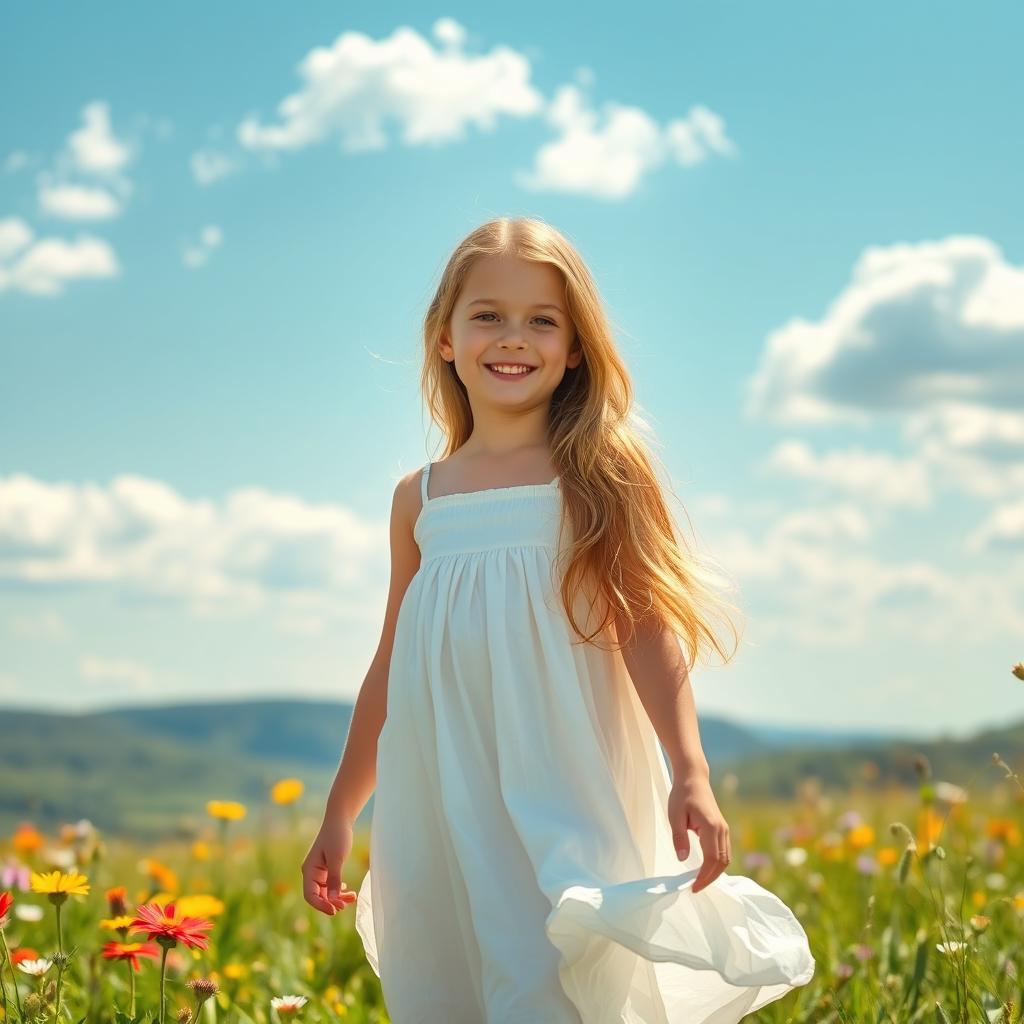 A girl standing in a sunny meadow, wearing a flowy white sundress that dances in the gentle breeze