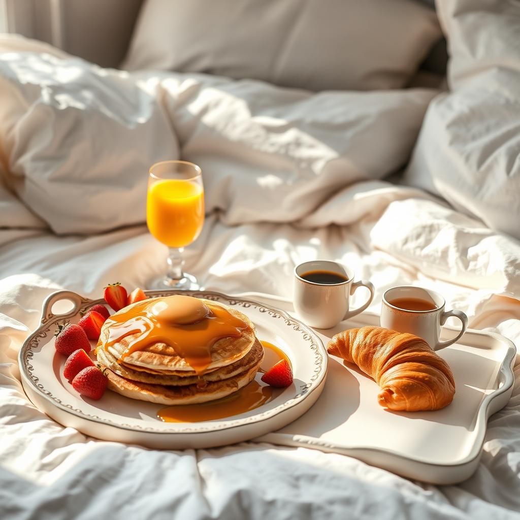 A beautifully arranged breakfast in bed, featuring a delicious spread of pancakes drizzled with maple syrup, fresh strawberries, a perfectly brewed cup of coffee, a glass of freshly squeezed orange juice, and a croissant sitting on a vintage tray