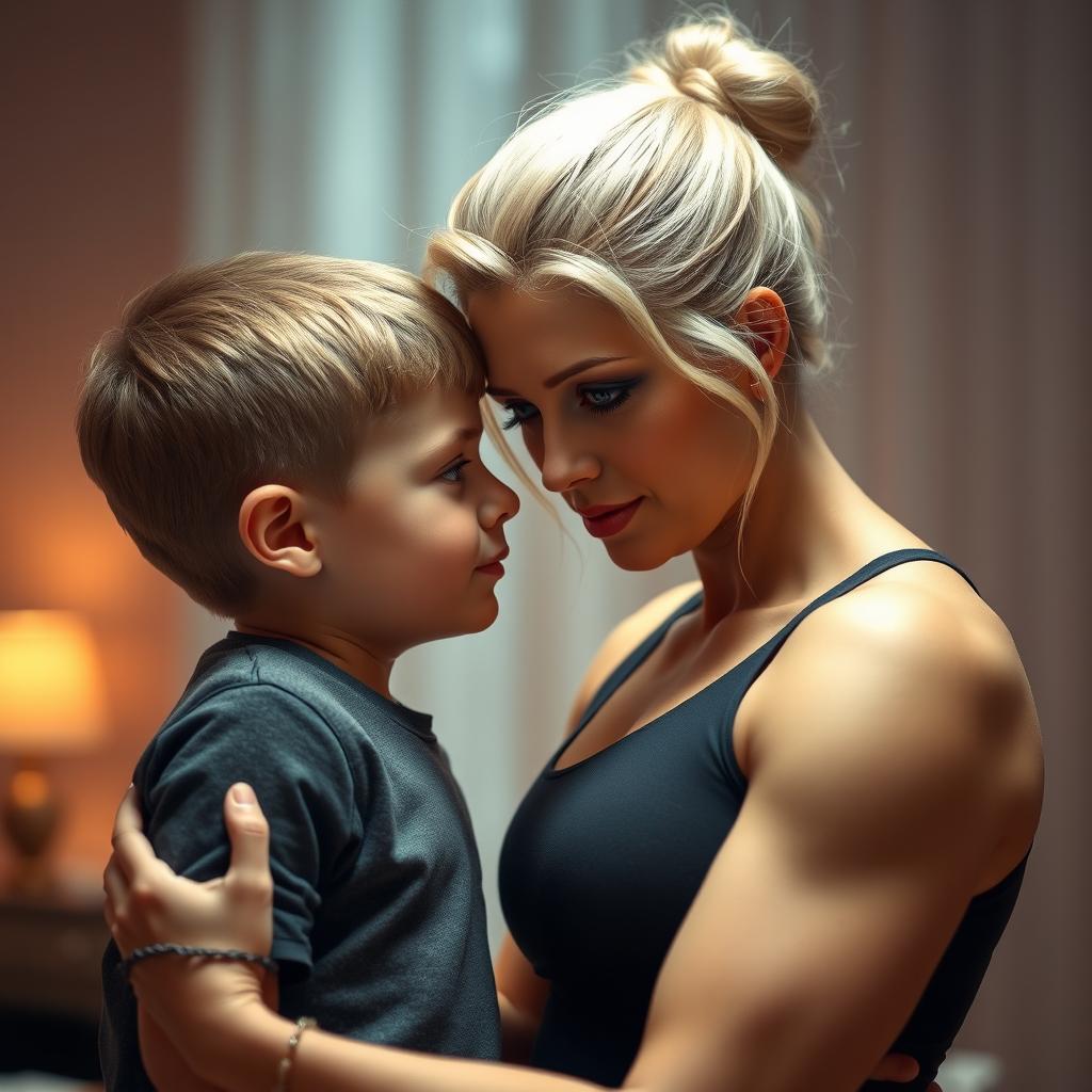 A scene depicting a young handsome boy, mesmerized and in love with a beautiful blonde older woman who is twice his age