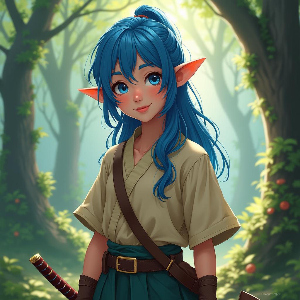 A twelve-year-old female half-elf with vibrant blue hair, depicted as a brave commoner in a fantasy setting