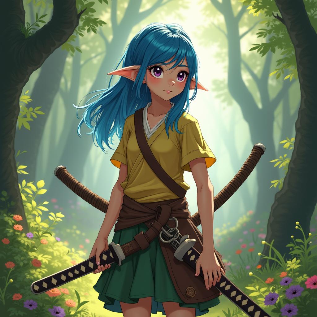 A twelve-year-old female half-elf commoner with enchanting blue hair, holding a katana with a sense of determination