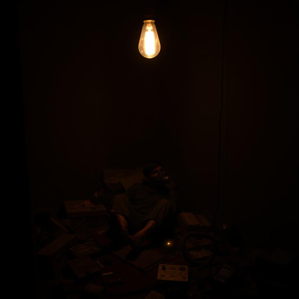 A dark room with a flickering incandescent lamp casting dramatic shadows