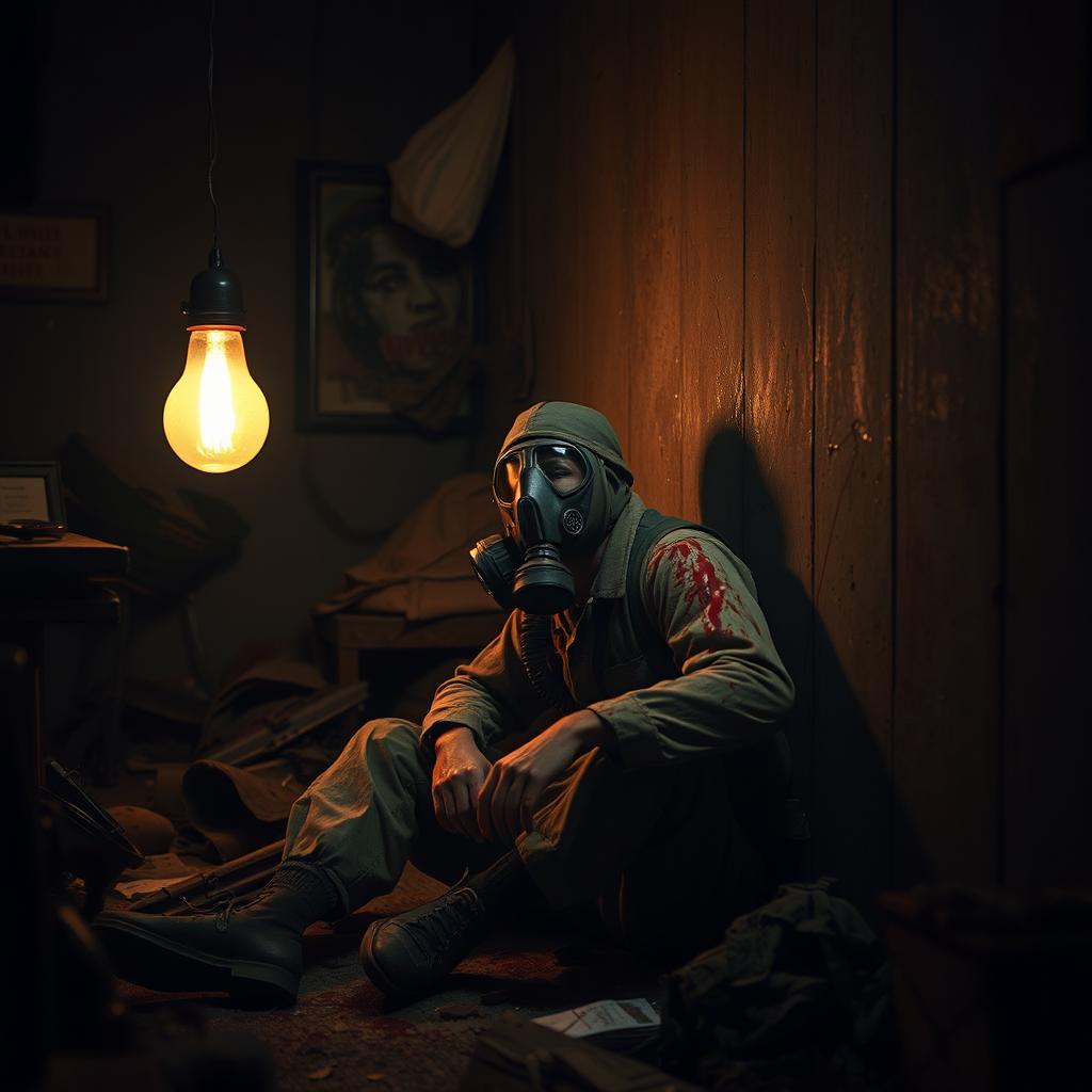A dimly lit room with a flickering incandescent lamp illuminating the space