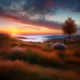 Craft an enhanced, realistic, and luminous landscape showcasing the fleeting beauty of dawn, capturing the subtle transformation of sky colours and the serene atmosphere.