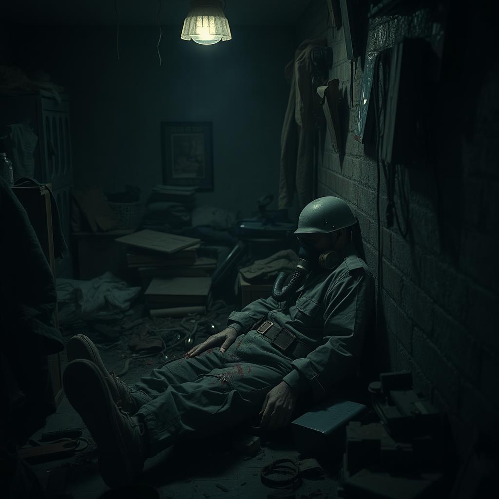 A dark room illuminated by flickering lights, scattered with disarray of personal items and debris