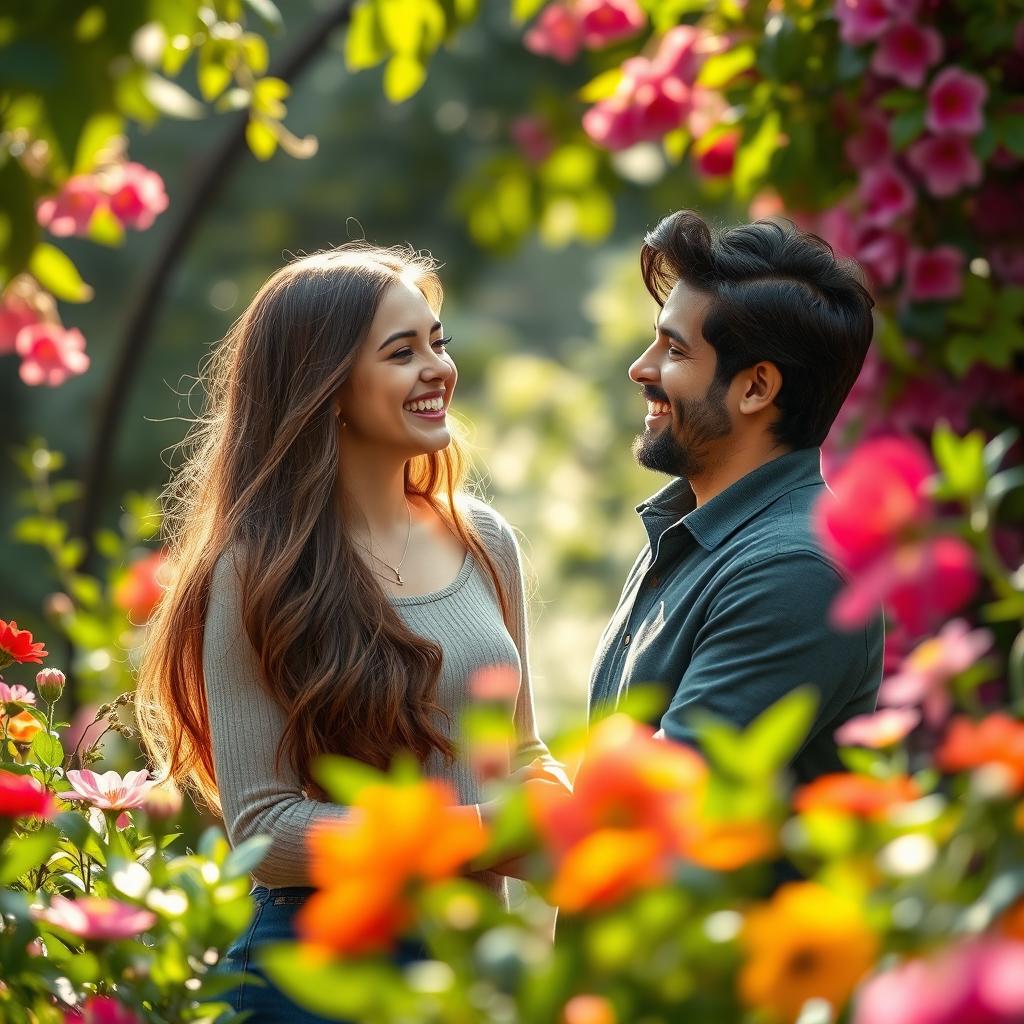 A beautifully rendered image of a couple joyfully interacting in a lush garden, surrounded by vibrant flowers and greenery