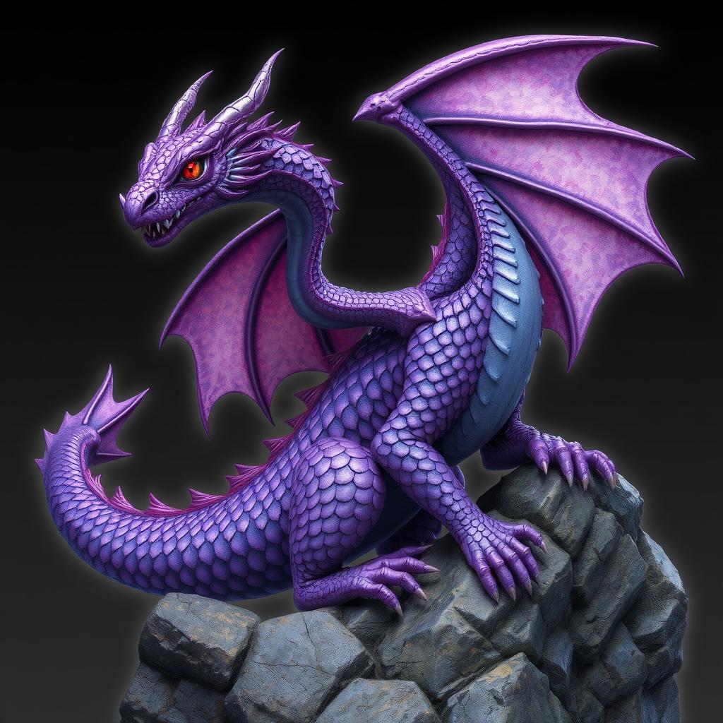 An intricate purple dragon with shimmering scales and fiery red eyes, perched majestically on a rocky ledge