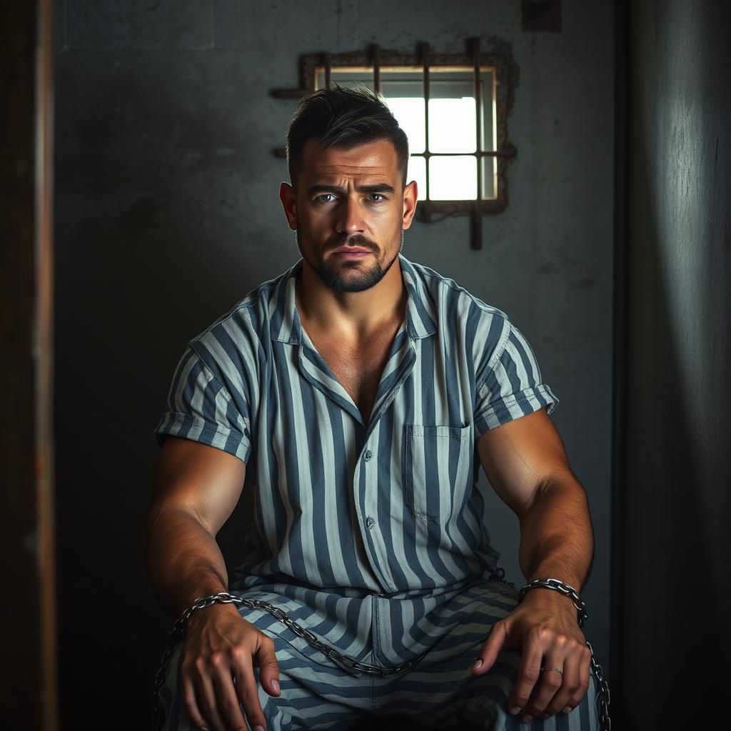 A dramatic portrayal of a prisoner inside a dimly lit cell, showcasing the raw emotions of confinement and despair
