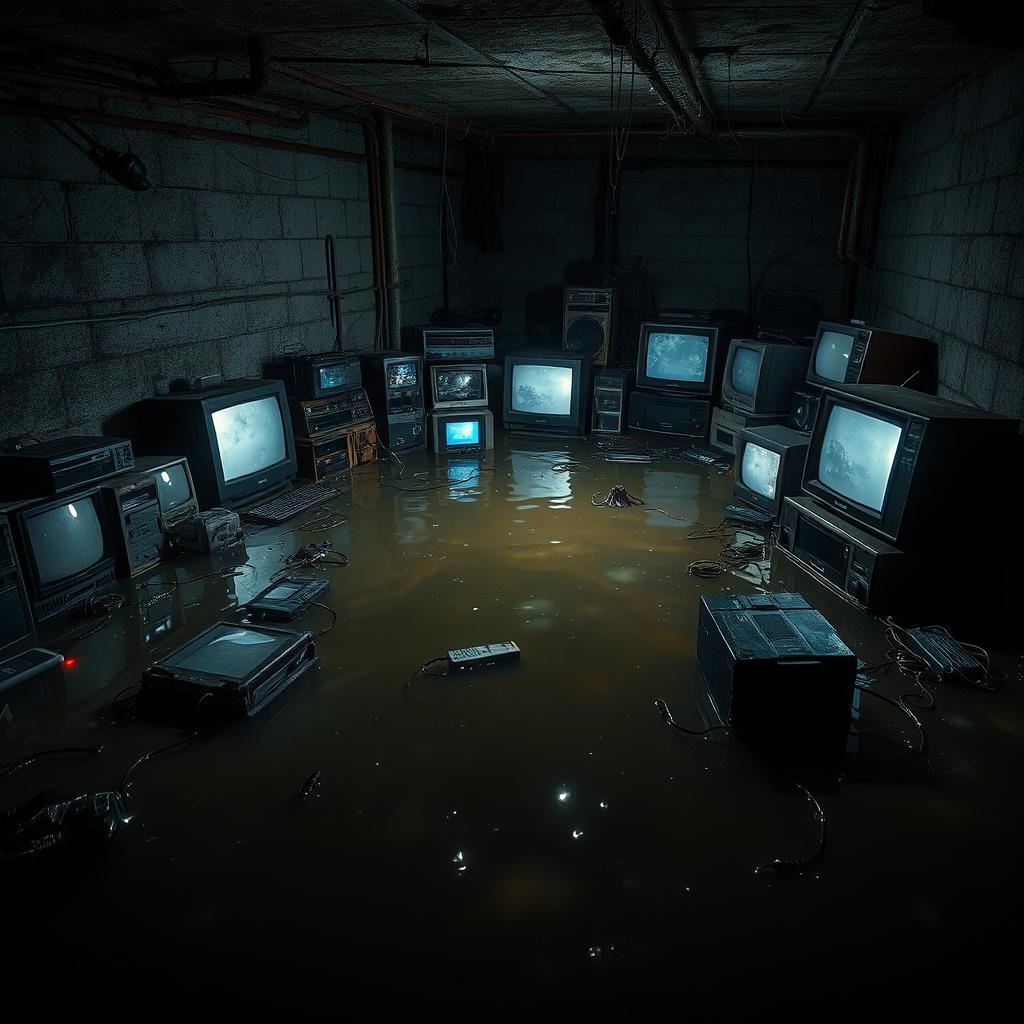 A dark and eerie flooded basement filled with various electronic devices, highlighting the contrast between technology and decay