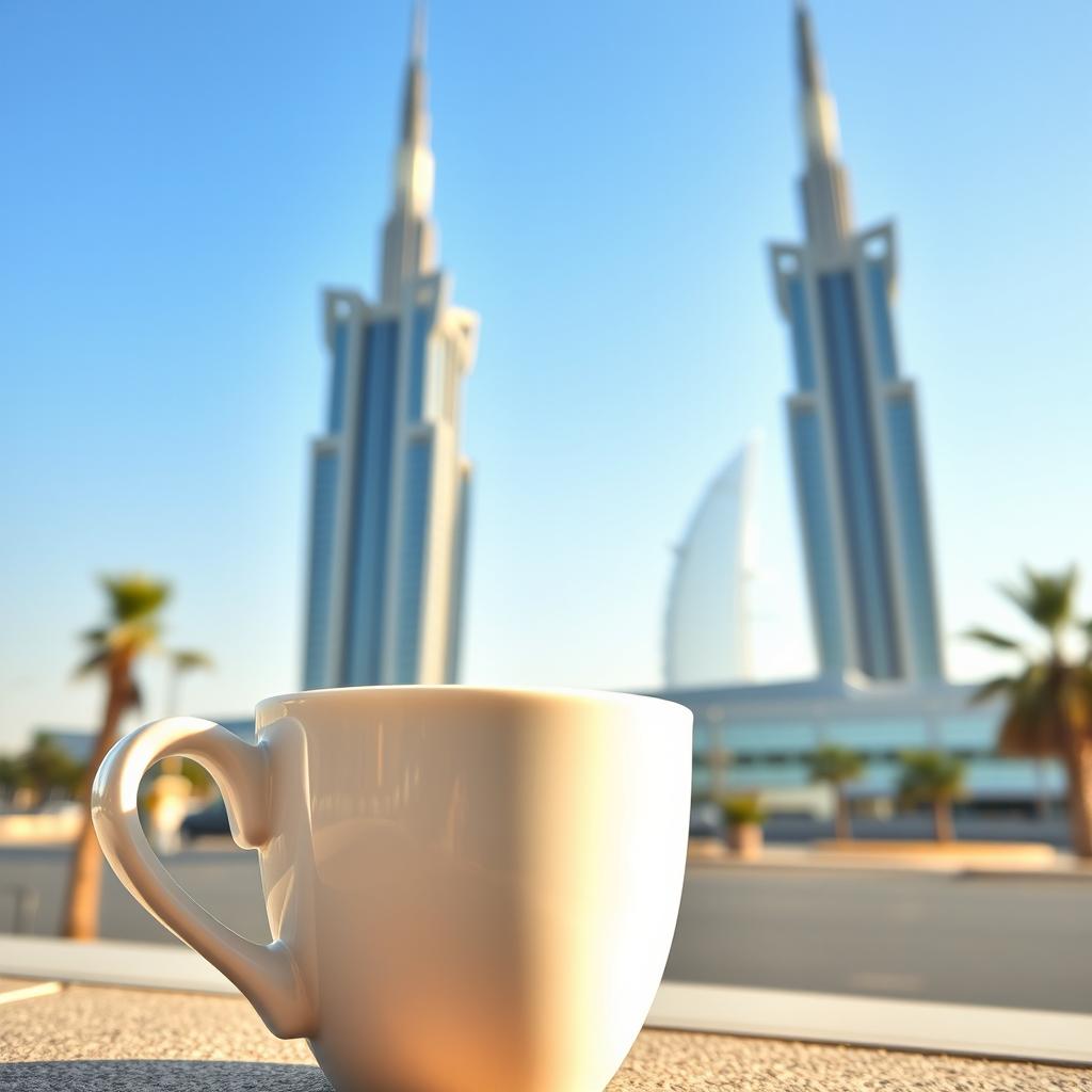 A realistic close-up image of a coffee cup placed near the iconic Kuwait Towers in the morning