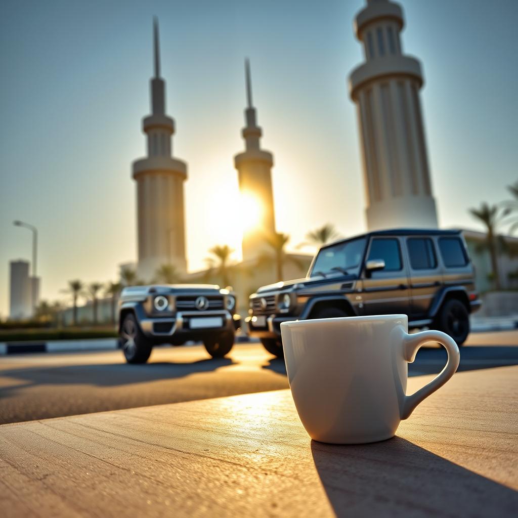 A realistic close-up image of a small coffee cup placed near the iconic Kuwait Towers in the morning light