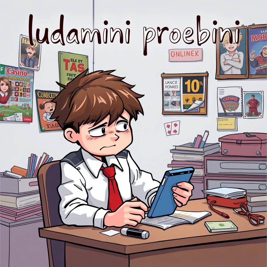 An illustration of a distressed schoolboy sitting at a desk, staring at his smartphone with a worried expression, having lost a significant amount of money in an online casino