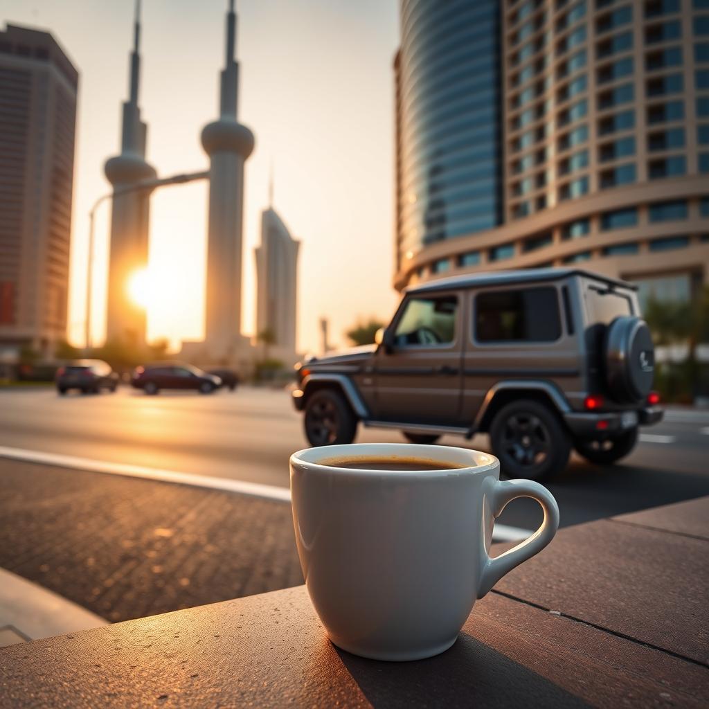 A realistic close-up image of a small coffee cup placed near the iconic Kuwait Towers during the morning