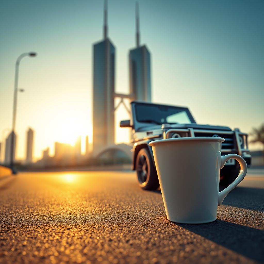 A realistic close-up image of a small coffee cup placed near the iconic Kuwait Towers during the morning