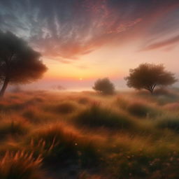 Craft an enhanced, realistic, and luminous landscape showcasing the fleeting beauty of dawn, capturing the subtle transformation of sky colours and the serene atmosphere.