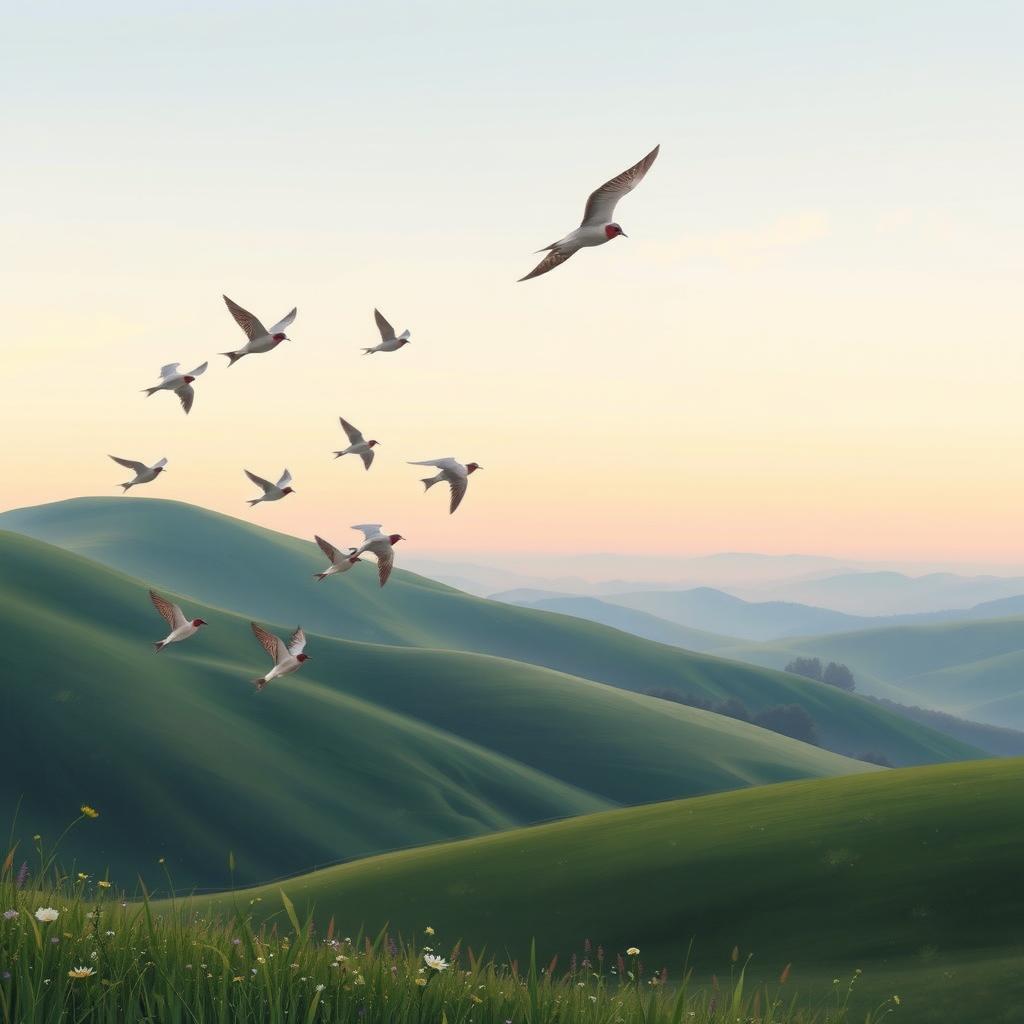 A scenic landscape featuring a wide expanse of sky and rolling hills