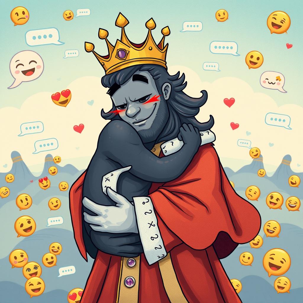 A whimsical scene depicting the 'King of Discord' embracing a personified figure of 'anxiety'