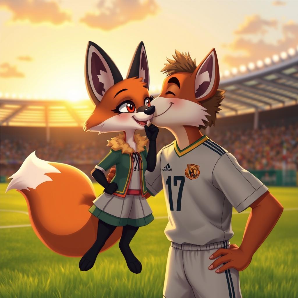 A charming and whimsical scene of a famous soccer player, resembling Pelé, gently kissing a beautiful anthropomorphic fox character