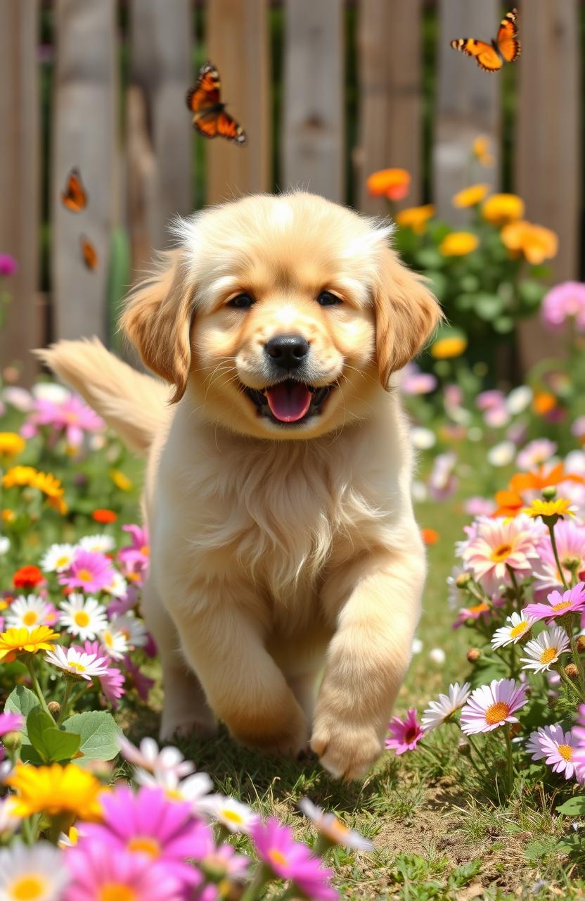 A cute, fluffy golden retriever puppy playing in a sunny garden filled with colorful flowers