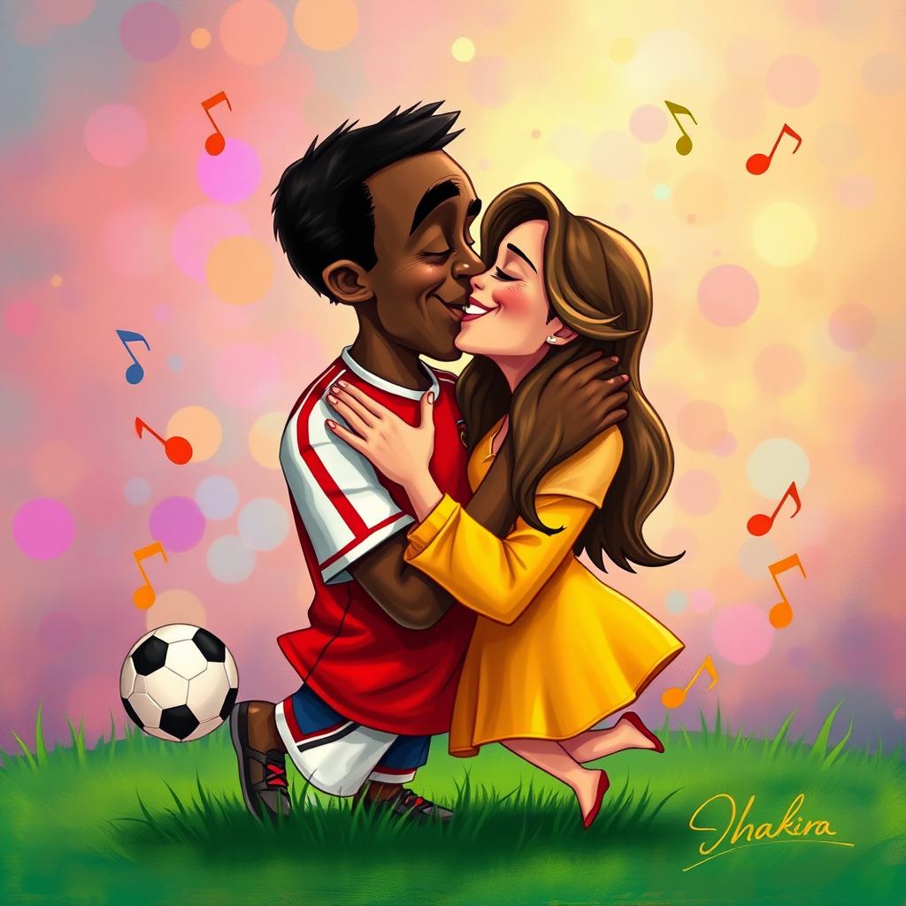A whimsical and artistic scene featuring the legendary football player Pelé passionately kissing Shakira, the famous Colombian singer