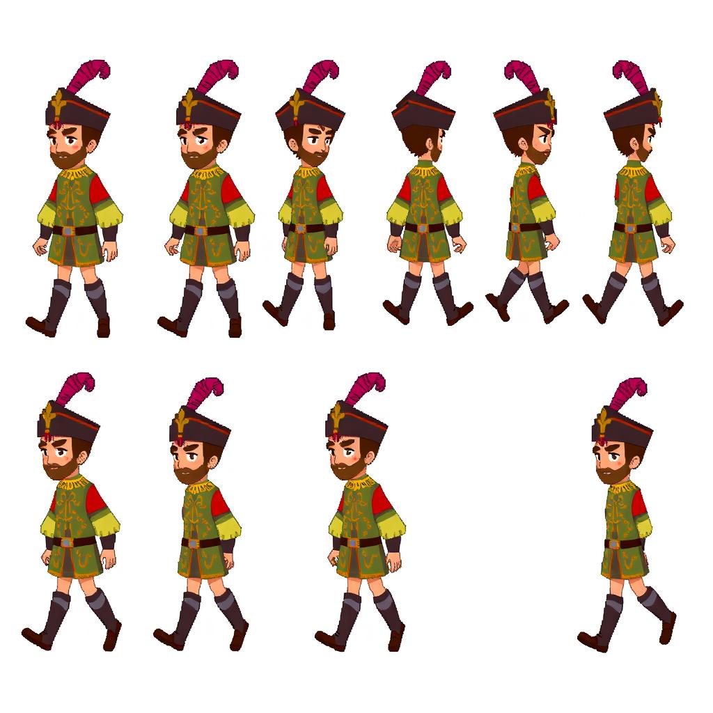 A collection of 8-bit pixel art characters depicting a male medieval courtier in various walking poses