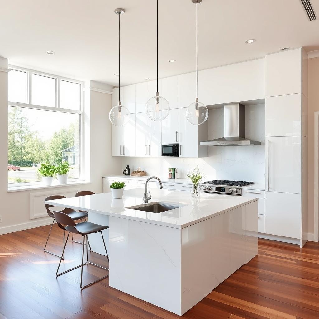 A beautifully designed modern kitchen featuring sleek, minimalistic lines and a contemporary aesthetic