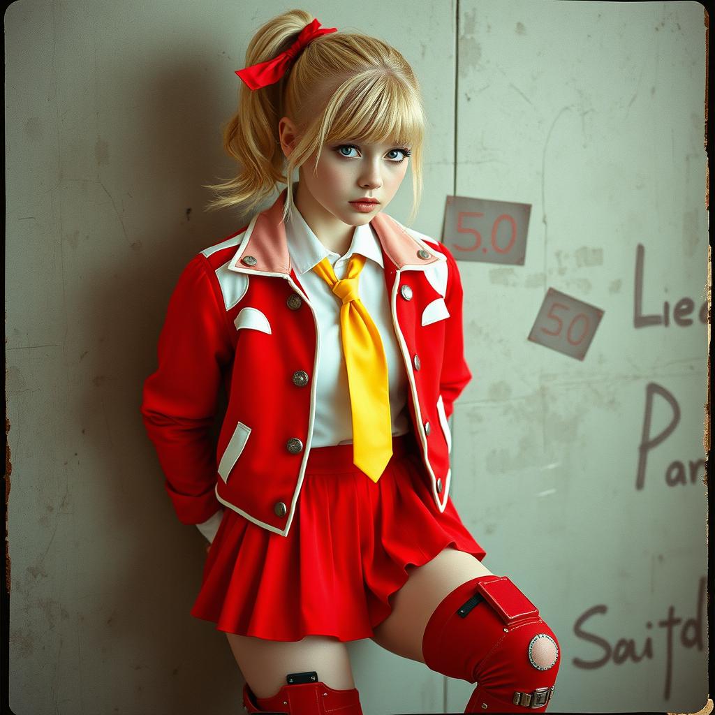 A grungy analog photograph of a 19-year-old Caucasian girl with blonde hair styled in a high ponytail, accented with a red ribbon and a few loose strands framing her face